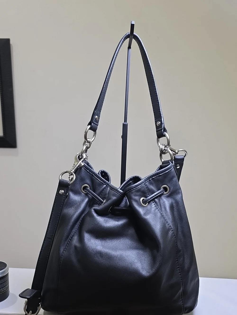 COACH F25661 Black Smooth Leather Hobo Two Way Bag Crossbody/Top Handle EUC